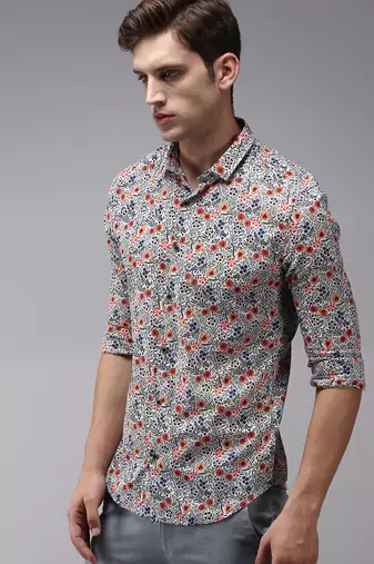 men's long sleeves floral white shirt