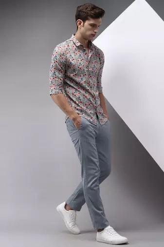 men's long sleeves floral white shirt