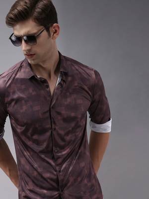 Showoff men's long sleeves abstract coffee brown shirt 1