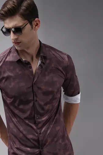 Showoff men's long sleeves abstract coffee brown shirt