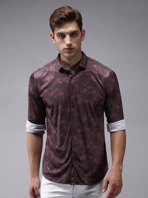 Showoff men's long sleeves abstract coffee brown shirt 2