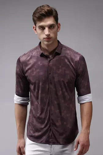 Showoff men's long sleeves abstract coffee brown shirt