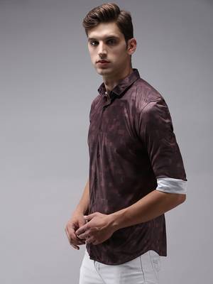 Showoff men's long sleeves abstract coffee brown shirt 3