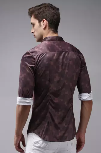 Showoff men's long sleeves abstract coffee brown shirt
