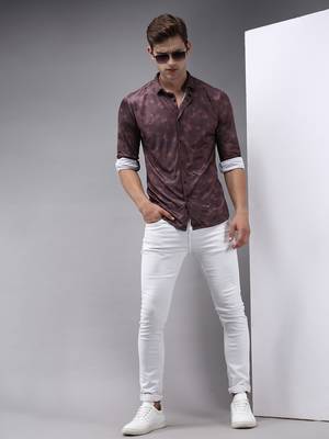 Showoff men's long sleeves abstract coffee brown shirt 5