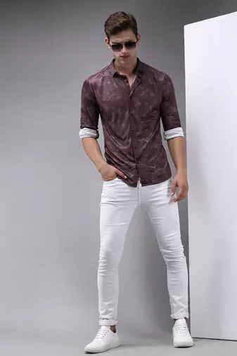 Showoff men's long sleeves abstract coffee brown shirt