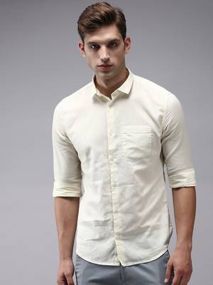 men's long sleeves solid cream shirt 1