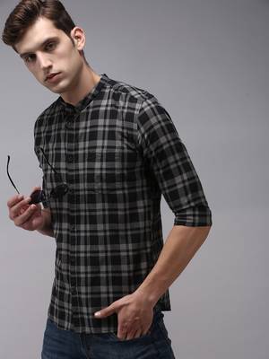 Showoff men's long sleeves tartan checks black shirt 1