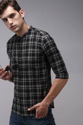 Showoff men's long sleeves tartan checks black shirt