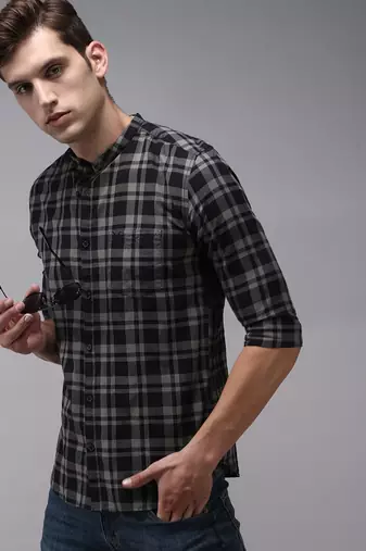 Showoff men's long sleeves tartan checks black shirt