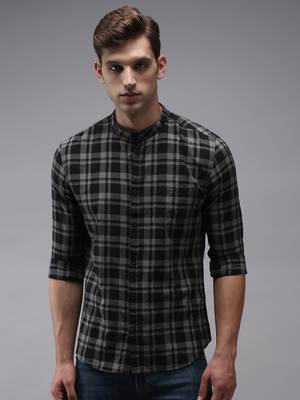 Showoff men's long sleeves tartan checks black shirt 2
