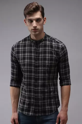 Showoff men's long sleeves tartan checks black shirt