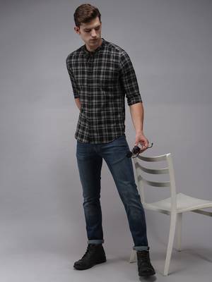 Showoff men's long sleeves tartan checks black shirt 5