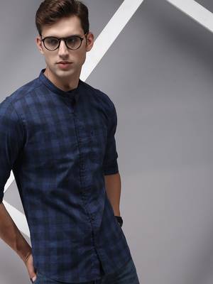 men's long sleeves gingham checks navy blue shirt 1