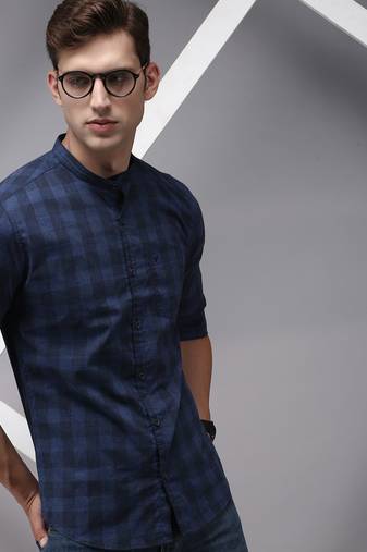 men's long sleeves gingham checks navy blue shirt
