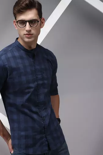 men's long sleeves gingham checks navy blue shirt