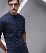 men's long sleeves gingham checks navy blue shirt