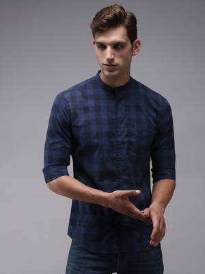 men's long sleeves gingham checks navy blue shirt 2
