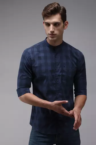 men's long sleeves gingham checks navy blue shirt