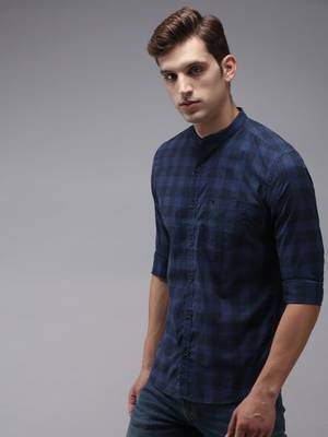 men's long sleeves gingham checks navy blue shirt 3