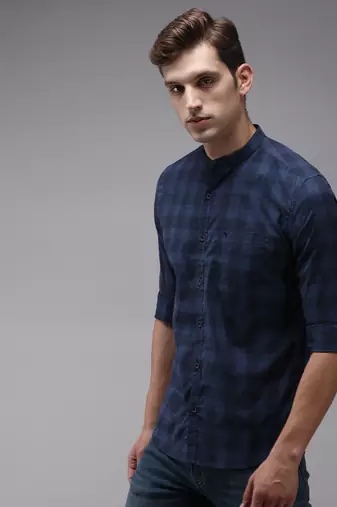men's long sleeves gingham checks navy blue shirt