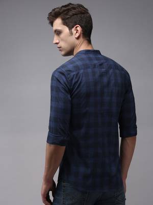 men's long sleeves gingham checks navy blue shirt 4