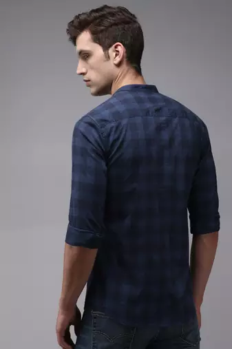 men's long sleeves gingham checks navy blue shirt