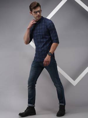 men's long sleeves gingham checks navy blue shirt 5