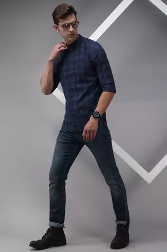 men's long sleeves gingham checks navy blue shirt