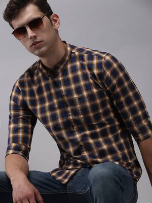 men's long sleeves gingham checks navy blue shirt 1