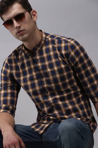 men's long sleeves gingham checks navy blue shirt