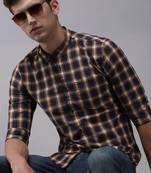 men's long sleeves gingham checks navy blue shirt