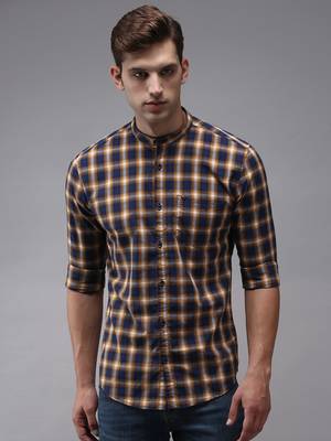 men's long sleeves gingham checks navy blue shirt 2