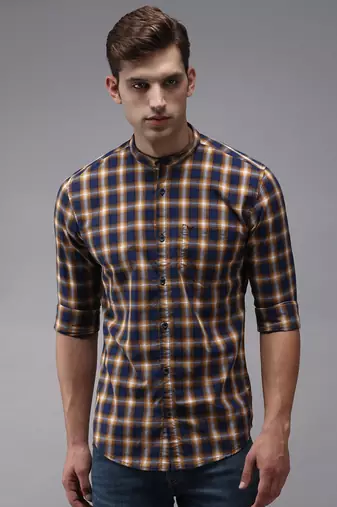 men's long sleeves gingham checks navy blue shirt