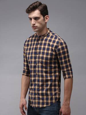 men's long sleeves gingham checks navy blue shirt 3