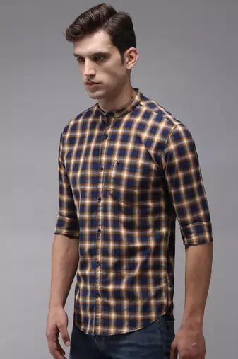 men's long sleeves gingham checks navy blue shirt