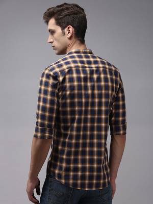 men's long sleeves gingham checks navy blue shirt 4