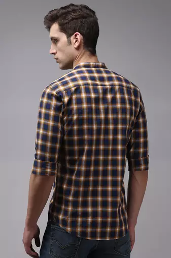 men's long sleeves gingham checks navy blue shirt