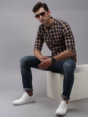 men's long sleeves gingham checks navy blue shirt 5