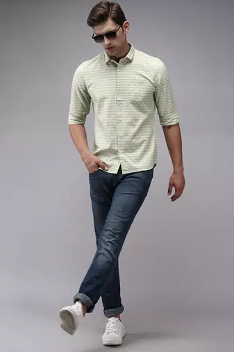 men's long sleeves horizontal stripes green shirt