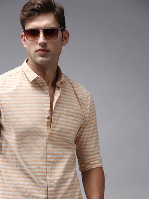 men's long sleeves horizontal stripes orange shirt 1