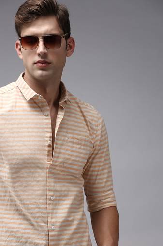men's long sleeves horizontal stripes orange shirt