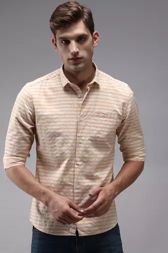 men's long sleeves horizontal stripes orange shirt