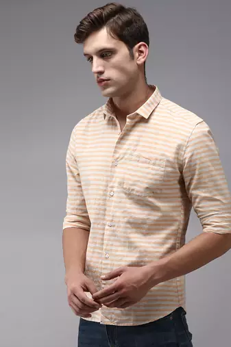 men's long sleeves horizontal stripes orange shirt