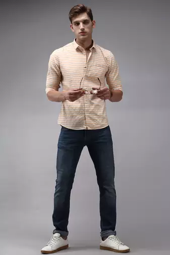 men's long sleeves horizontal stripes orange shirt