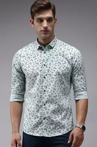 men's long sleeves floral sea green shirt