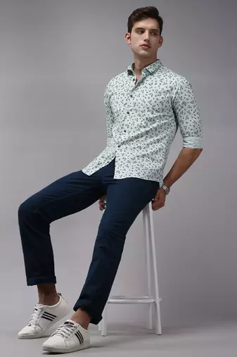 men's long sleeves floral sea green shirt