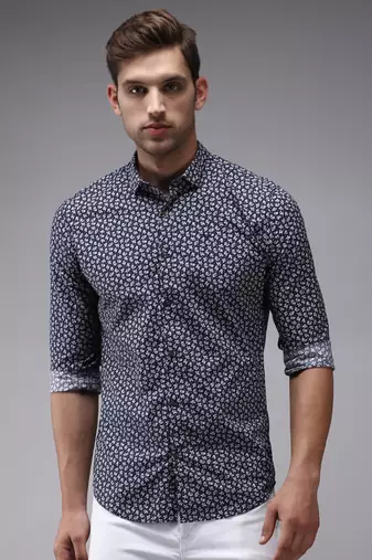 men's long sleeves micro ditsy navy blue shirt