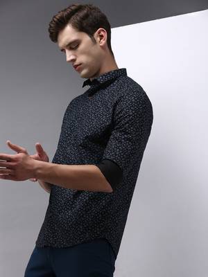 men's long sleeves floral navy blue shirt 1