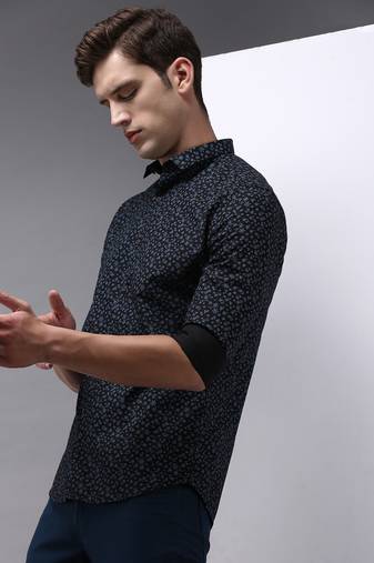 men's long sleeves floral navy blue shirt